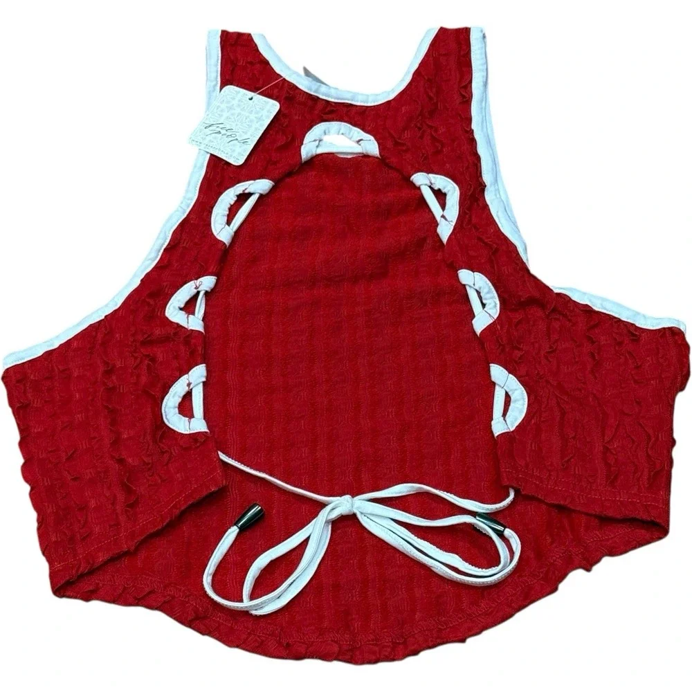 Free People Maci Textured Red White Open Back Lace Up Tank Top XS New